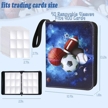 Sports Card Binder 900 Pockets, Trading Card Binder 9 Pocket with 50 Sleeves Fits 900 Sport Cards, Sports Card Holder with Zipper, Football Basketball Hockey Baseball Card Collection Storage Album - size: 900 Pockets Sports