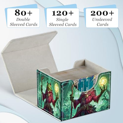 Commander Deck Box for Trading Cards - Fits 100+ Double Sleeved Cards, PU Leather MTG TCG Storage Case with Strong Magnetic Closure, Mage Frog with Staff - color: Mage Frog with Staff