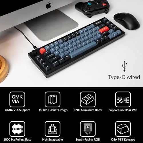 Keychron Q65 Wired 65% Layout Compact Mechanical Keyboard, QMK/VIA Macro Keys Knob Hot-Swappable Aluminum Body Gaming 1000 Hz Polling Rate Compatible with Mac Windows Linux-Gateron Red Switch - color: Carbon Black-Red Switch