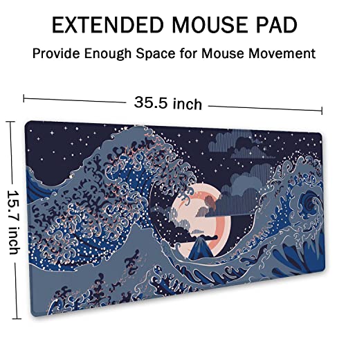 SSOIU Nightscape with Big Ocean Waves Mouse Pad 35.5 X 15.7 Inch XXL Modern Full Desk Mousepad Extended Large Non-Slip Rubber Base Waterproof Big Keyboard Mat with Stitched Edges for Gaming and Office - color: Nightscape With Big Ocean Waves