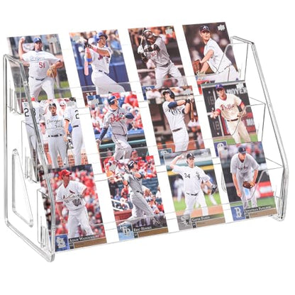 CELSOL Upgraded 3 Tier Acrylic Card Display Stand, Clear Display for Trading Cards, Greeting Cards, Sports Cards, Postcards, Stickers & Brochures, Easy Snap-On, Increased Height & Thickness for Better Presentation - size: 3 Tier 1 Pack