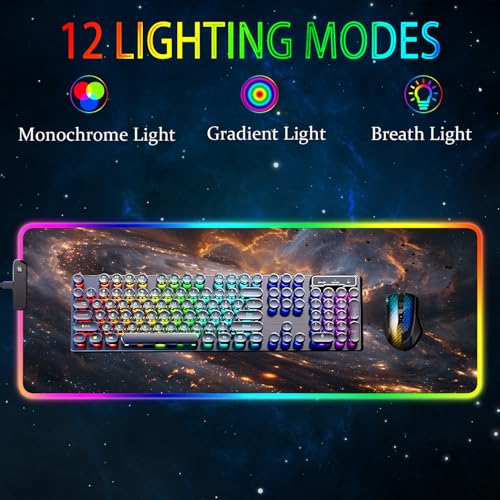 RGB Gaming Mouse Pad, Large Mousepad with Led Light, Gaming Accessories Keyboard Pad for Desk, Non-Slip Rubber Base Big Mouse Mat for Gamer, 31.5 X 11.8 Inch, Golden Galaxy - color: 12 Golden Galaxy