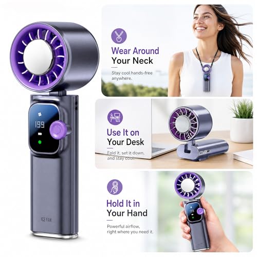Portable Handheld Fan with Ice Cooling Personal Rechargeable Mini Neck Fan | 199-Speed 20000RPM 4000mAh Battery Powered up to 15hrs, LED Display Foldable & Hangable for Travel, Camping & Outdoor, Purple - color: Gray-Purple