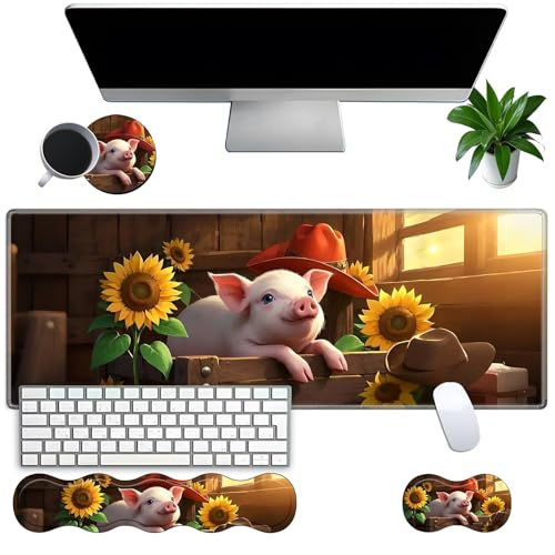 Large Gaming Mouse Pad Set with Wrist Support – 31.5" x 11.8" 4-in-1 XXL Mousepad with Keyboard Wrist Rest, Mouse Wrist Rest & Coaster – Ergonomic Desk Mat for Office, Home – Sunflower Pig - color: Sunflower Pig