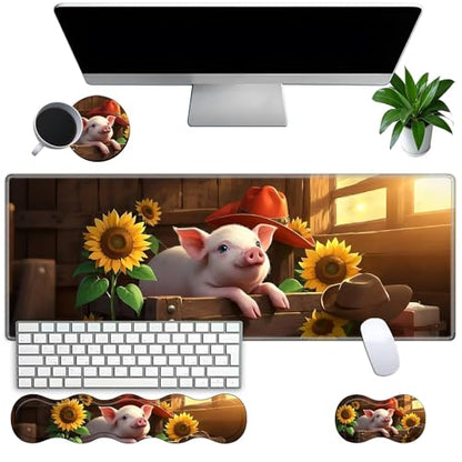Large Gaming Mouse Pad Set with Wrist Support – 31.5" x 11.8" 4-in-1 XXL Mousepad with Keyboard Wrist Rest, Mouse Wrist Rest & Coaster – Ergonomic Desk Mat for Office, Home – Sunflower Pig - color: Sunflower Pig