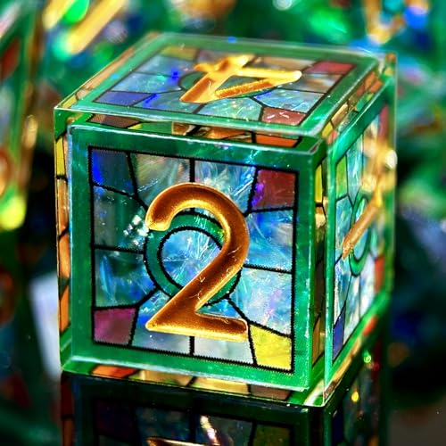 HAOMEJA Double Layered Resin Dice Set 7pcs/ Stained Glass Effect & Gold Numbers/Sharp Edged Polyhedral Dice/Apply to D&D/DND/Role Playing Game/RPG/Party Gift (Green Sky) - color: 1 Green Sky