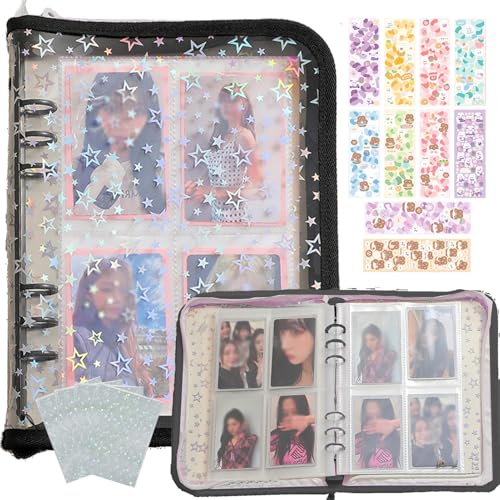 Kpop Photocard Binder with 6 Stickers Sheet & 50 Shinning Protective Sleeves Kpop Photocard Holder Book with Kpop Photocard, A5 Binder Photocard Album 30 Inner Pages with 240 Pockets (Blacklittlestar) - color: Blacklittlestar