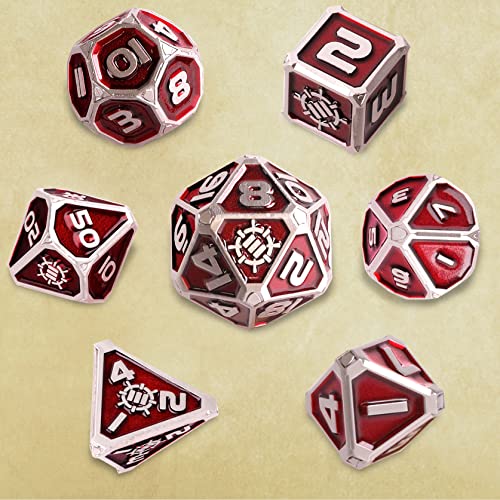 ENHANCE DND Metal Dice Set - 7pc Polyhedral Dice with 2-in-1 Vegan Leather Bag and Tray, Solid Metal Set for Dungeons and Dragons, Pathfinder, More RPGs (Collector's Edition Red) - color: Dragon Red