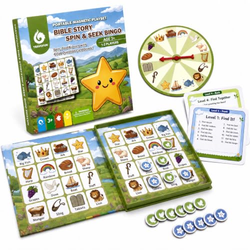 Travofun Magnetic Bible Story Spin & Seek Bingo Game for Kids Ages 3-8 | Portable Christian Learning Toy with Spinner & Question Cards | Interactive Travel Game for Road Trip | Screen Family Activity - style: Bible Bingo