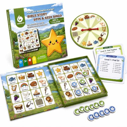 Travofun Magnetic Bible Story Spin & Seek Bingo Game for Kids Ages 3-8 | Portable Christian Learning Toy with Spinner & Question Cards | Interactive Travel Game for Road Trip | Screen Family Activity - style: Bible Bingo