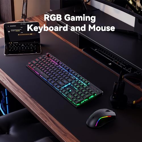 Redragon S107KS Wireless Gaming Keyboard and Mouse, RGB Backlit, 3 Mode (Wired/2.4G/BT), Up to 10,000 DPI Gaming Mouse with Software, Ultra Lightweight 65g, 25 Key Anti-Ghosting Keyboard for PC - color: Black-New