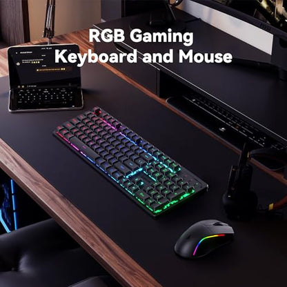 Redragon S107KS Wireless Gaming Keyboard and Mouse, RGB Backlit, 3 Mode (Wired/2.4G/BT), Up to 10,000 DPI Gaming Mouse with Software, Ultra Lightweight 65g, 25 Key Anti-Ghosting Keyboard for PC - color: Black-New