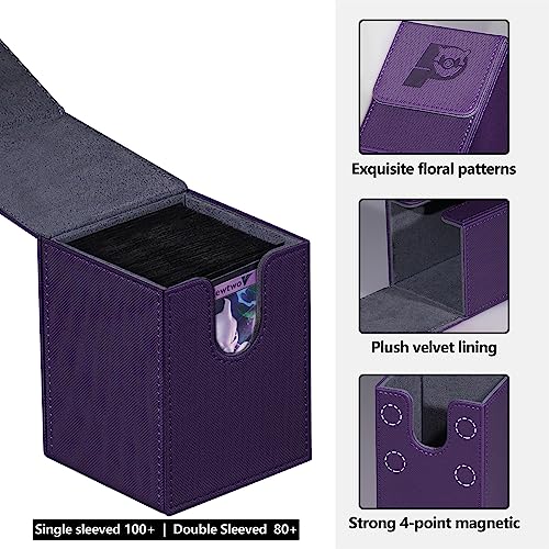 Game Card Deck Box For Commander Deck Box With 2 Dividers, Card Storage Box Fits 100+ Single Sleeved Cards, PU Leather Strong Magnet Card Deck Case Holder for Magic Yugioh TCG (purple) - color: Purple