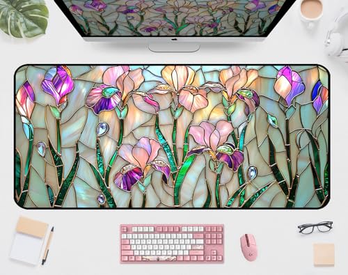 Colorful Flower Desk Mat Mouse Pad XXL, Plant Extended Large Game Mouse Pads, Desktop Mat Computer Laptop Keyboard Mat, Women's Desk Protector Mat,Desk Matt Office 31.5"X15.7" - color: Iris Flower