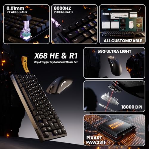 ATTACK SHARK X68 HE 60% Wired RT 8K Keyboard and Wireless R1 Mouse-Black | Adjustable Actuation,Hall Effect Mechanical Magnetic Switch,Coiled Cable,USB C/2.4Ghz/BT Ultralight 18K DPI Mice for PC Gamer - color: Black, size: Keyboard Mouse