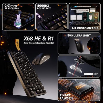 ATTACK SHARK X68 HE 60% Wired RT 8K Keyboard and Wireless R1 Mouse-Black | Adjustable Actuation,Hall Effect Mechanical Magnetic Switch,Coiled Cable,USB C/2.4Ghz/BT Ultralight 18K DPI Mice for PC Gamer - color: Black, size: Keyboard Mouse