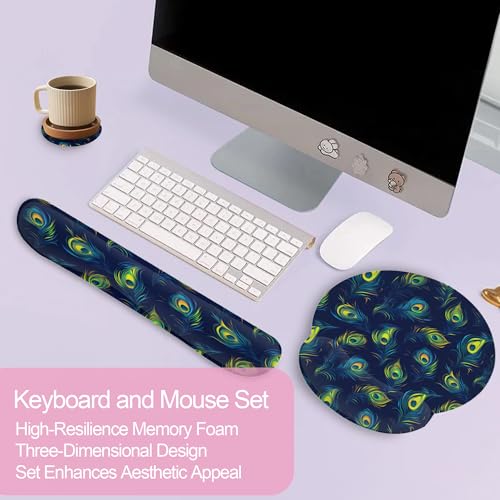 Blue Peacock Feather Keyboard Wrist Rest Pad and Mouse Pad Wrist Support Set,3-in-1 Ergonomic Mouse Pad with Non-Slip Rubber Base for Home Office Game Computers Desk, - color: Blue Peacock Feather