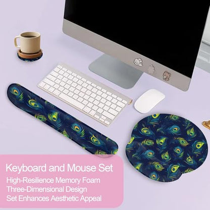 Blue Peacock Feather Keyboard Wrist Rest Pad and Mouse Pad Wrist Support Set,3-in-1 Ergonomic Mouse Pad with Non-Slip Rubber Base for Home Office Game Computers Desk, - color: Blue Peacock Feather