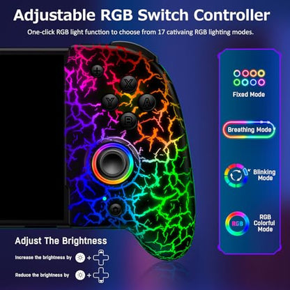 Spican Switch Controllers for Nintendo Switch/OLED, Hall Effect Wireless Pro Controller One-Piece Joypad, Full-Size Ergonomic Handheld Mode Gamepads with 17 RGB Light/Battery/Turbo/Macro/4 Game Slot - color: Black-Crack Pattern, size: 6.2"/7"