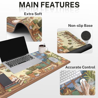 Arttown Keyboard Mouse Pad Set, 4 in 1 Desk Mat Set Kawaii Mushroom | Cat Frog Large Mousepad+Keyboard Wrist Rest+Mouse Wrist Rest+Coaster Ergonomic Design for Home Office Computer - color: Cat Frog
