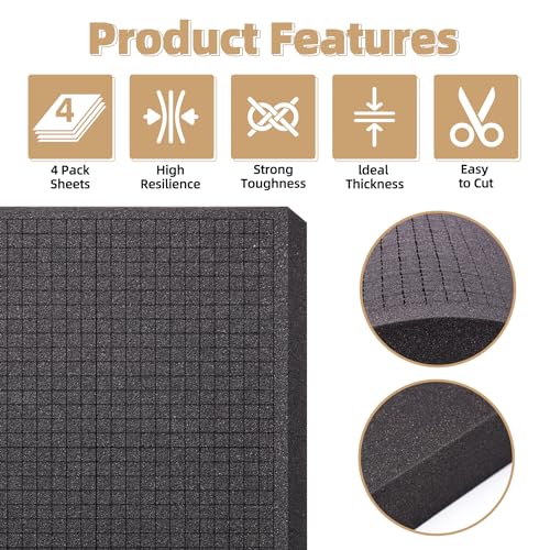 4 Pack Pre-Cut Pick & Pluck Polyurethane Foam Sheets,16×12×2in Gun/Game/Tool Box Protective Insert Foam