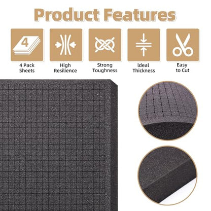 4 Pack Pre-Cut Pick & Pluck Polyurethane Foam Sheets,16×12×2in Gun/Game/Tool Box Protective Insert Foam