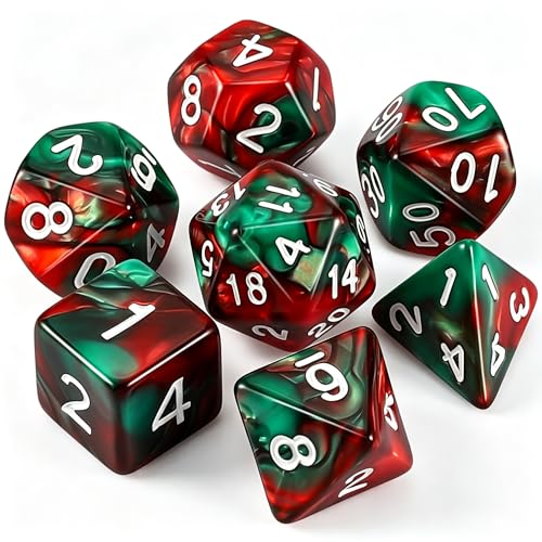 QMAY DND Dice Set - Polyhedral Dice (Red Mix Green) 7 Pcs for Dungeon and Dragons D&D RPG Role Playing Games Dice with Dice Bag - color: Red and Green