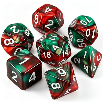 QMAY DND Dice Set - Polyhedral Dice (Red Mix Green) 7 Pcs for Dungeon and Dragons D&D RPG Role Playing Games Dice with Dice Bag - color: Red and Green