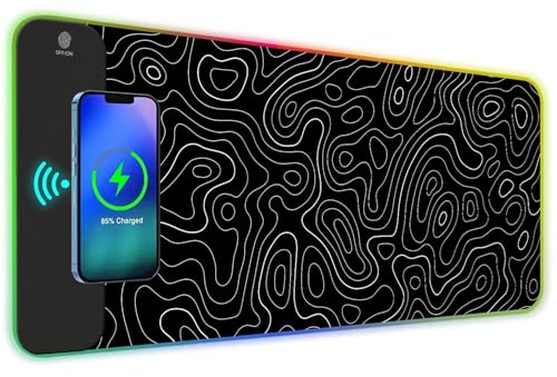 ToLuLu RGB Wireless Charging Gaming Mouse Pad, 7.5/10/15W 10 Light Modes LED Mouse Pad Computer Keyboard Mat Mousepad, 800x300x4MM Extended Large Desk Pad for Gamer, Black and White Abstract Lines - color: Black and white Abstract Lines