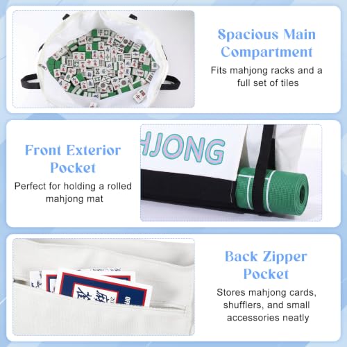 Abbylike 28x9 Inches Mahjong Bag for Rolled Mat Tiles Racks Pushers Accessories Empty Mahjong Tote Bag with Zipper Closure Outer Pockets Lining Large Capacity(Natural White&Black,Canvas) - color: Natural White&black