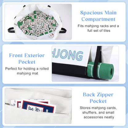 Abbylike 28x9 Inches Mahjong Bag for Rolled Mat Tiles Racks Pushers Accessories Empty Mahjong Tote Bag with Zipper Closure Outer Pockets Lining Large Capacity(Natural White&Black,Canvas) - color: Natural White&black