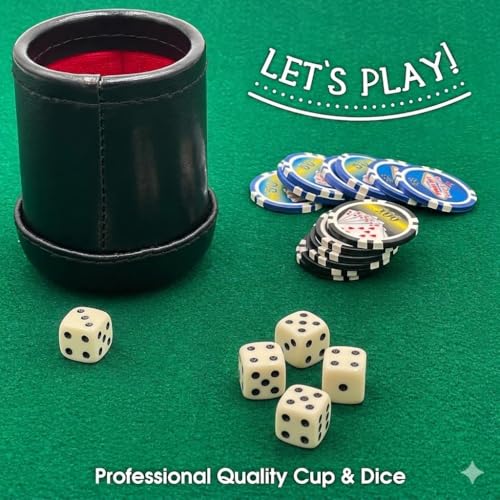 Deluxe Dice Cup Set with 5 Standard Dice – Leather-Style Shaker Cup for Board Games, Poker, Yahtzee & Table Games, 3.25" x 4" Portable Dice Rolling Cup