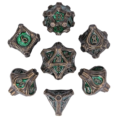 7PCS Metal DND Dice Bronze Green Metal Dice Set D&D for Board Games | Leather Storage Bag, DM Gift, for Dungeons and Dragons Role Playing Games - color: Metal Tree-bronzegreen