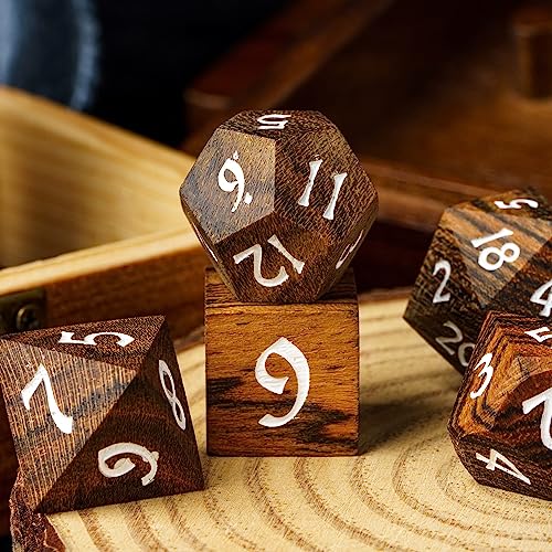 Wood DND Dice Set 7PCS Brown Wooden Dice Set for D&D Tabletop Games | Iron Box, DM Gift, for Dungeons and Dragons Role Playing Games - color: Brown Black Striped