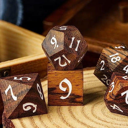 Wood DND Dice Set 7PCS Brown Wooden Dice Set for D&D Tabletop Games | Iron Box, DM Gift, for Dungeons and Dragons Role Playing Games - color: Brown Black Striped