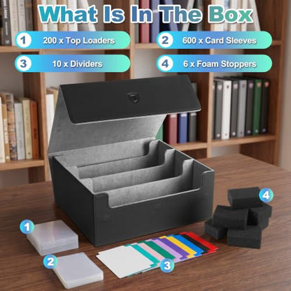 Trading Card Storage Box, Holds 1800 Sleeved Card, PU Magnetic Closure | 200 Toploaders and 600 Penny Sleeves INCLUDED, 10 Dividers and 6 Foam Stoppers INCLUDED, Fit for MTG, TCG and Sports Cards - color: Black and Grey