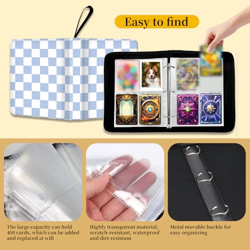 AXUASSILD 4 Pocket Card Binder, Premium Trading Card Holder Fits 400 Cards With 50 Removable Sleeves, Cute Portable Collection Card Ablum Holder Cute Blue Plaid - color: Cute Blue Plaid