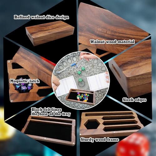 2 Pcs Walnut Dice Box 4.8 x 9 x 1.6 inch Secures Lid Portable Tray Handmade Rolling Dice Tray with Storage, Magnetic Lock and Phone Stand for Tabletop RPG and Board Games