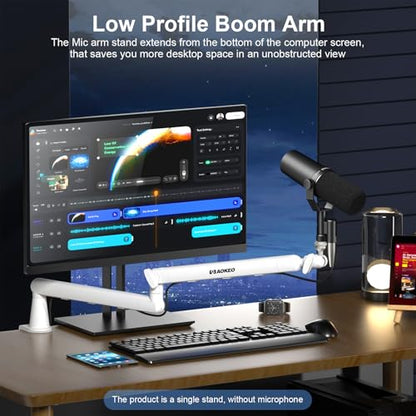 Microphone Arm,Aokeo AK-55 Desk Low Profile Adjustable Mic Boom Arm Stand,Suitable For Blue Yeti,Snowball iCE, HyperX QuadCast,SoloCast,Elgato Wave,Etc - color: White