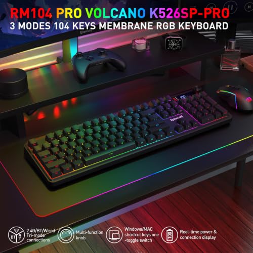 Redragon K526 PRO RGB Wireless Membrane Gaming Keyboard, 104 Keys Mechanical-Feel Keyboard w/LED Info Display, Media/Backlit Knob Control, Linear Switch & Software Supported (Side Printed Font) - color: Black (Side Printed)