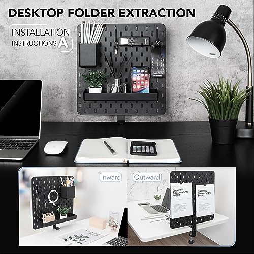 EHO Clamp-On Desk Pegboard, 13.5 x 14 inch Privacy Divider, Desk Partition Panel, No-Drill Desk Mounted Organizer, Combination Peg Board for Office, Gaming, Home, Plants, Black