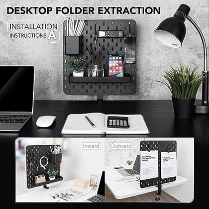 EHO Clamp-On Desk Pegboard, 13.5 x 14 inch Privacy Divider, Desk Partition Panel, No-Drill Desk Mounted Organizer, Combination Peg Board for Office, Gaming, Home, Plants, Black