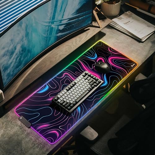 Gerlos RGB Gaming Mouse Pad, Large LED Desk Mat, 31.5 x 11.8 Inch | 12 light modes, non-slip base, water-resistant surface, stitched edges - color: Neon Pink