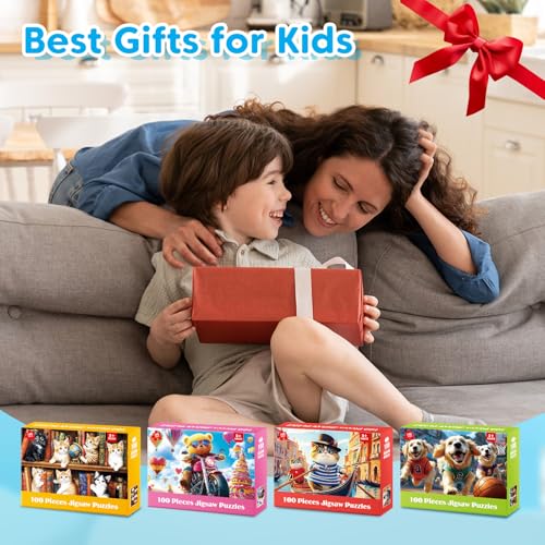 4-Pack 100 Piece Puzzles for Kids Ages 4-6 6-8 8-10 Year Old - Lovely Cats & Bear & Dogs Large Piece Jigsaw Puzzles, Kids Puzzles Learning Educational Toys Christmas Puzzle Gifts for Boys Girls - style: Lovely Cats Bear Dogs