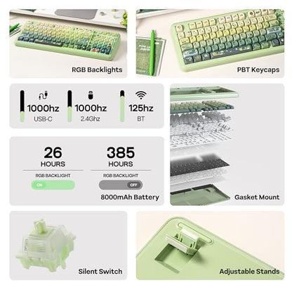 KiiBoom Phantom98 Lite 96% Wireless Mechanical Gaming Keyboard, VIA Programmable, Creamy Keyboard with Gasket, 8000mAh Battery, Hot Swap, RGB Backlits, NKRO for Win/Mac (Green, Mossy Silent Switch) - color: Green, size: Mossy Silent Switch