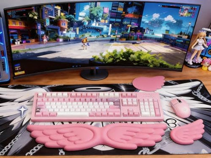 Angel Wing Wrist Rest Ergonomic Memory Foam Wrist Rest for Computer Keyboard Mouse Set with Cup Mat, Cute Gaming Keyboard Cushion Hand Support PU Leather Surface Anti-Slip Waterproof (Rose Red) - color: Rose Red