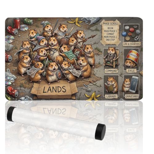 Vintage Cardboard Style MTG Playmat with Zones | 2mm Thick Non-Slip MTG Mat with Stitched Edges | for Trading Card Games, Includes Storage Tube (Cute Hamster) - color: Cute Hamster