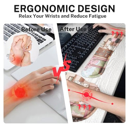 Arttown Keyboard Mouse Pad Set, 4 in 1 Desk Mat Set Cat Flower Pink | Cute Coffee Large Mousepad+Keyboard Wrist Rest+Mouse Wrist Rest+Coaster Ergonomic Design for Home Office Computer - color: Cat Flower