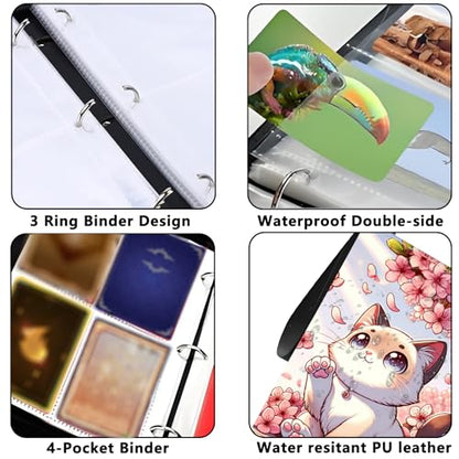 4 Pocket Trading Card Binder, Holds 400 Cards, PU Zipper Binder | PU leather cover, holds 400 cards, 50 removable pages, zipper closure, portable storage and protection. - color: Cute cat
