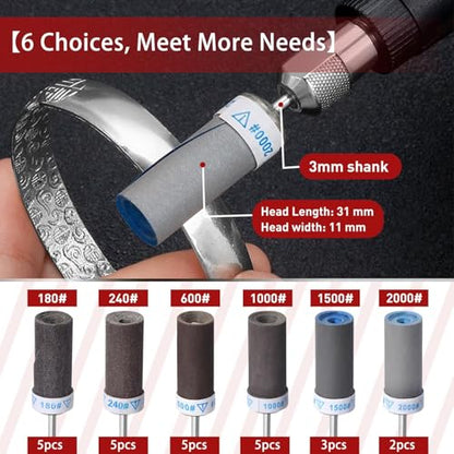 25Pcs Sanding Drums Sandpaper Sticks Set with 1/8"(3mm) Shank for Dremel Rotary Tool, 180/240/600/1000/1500/2000 Grits Different Meet More Needs for Metal Rust Removal/Jade Polishing/Stone Grinding - size: Mixed